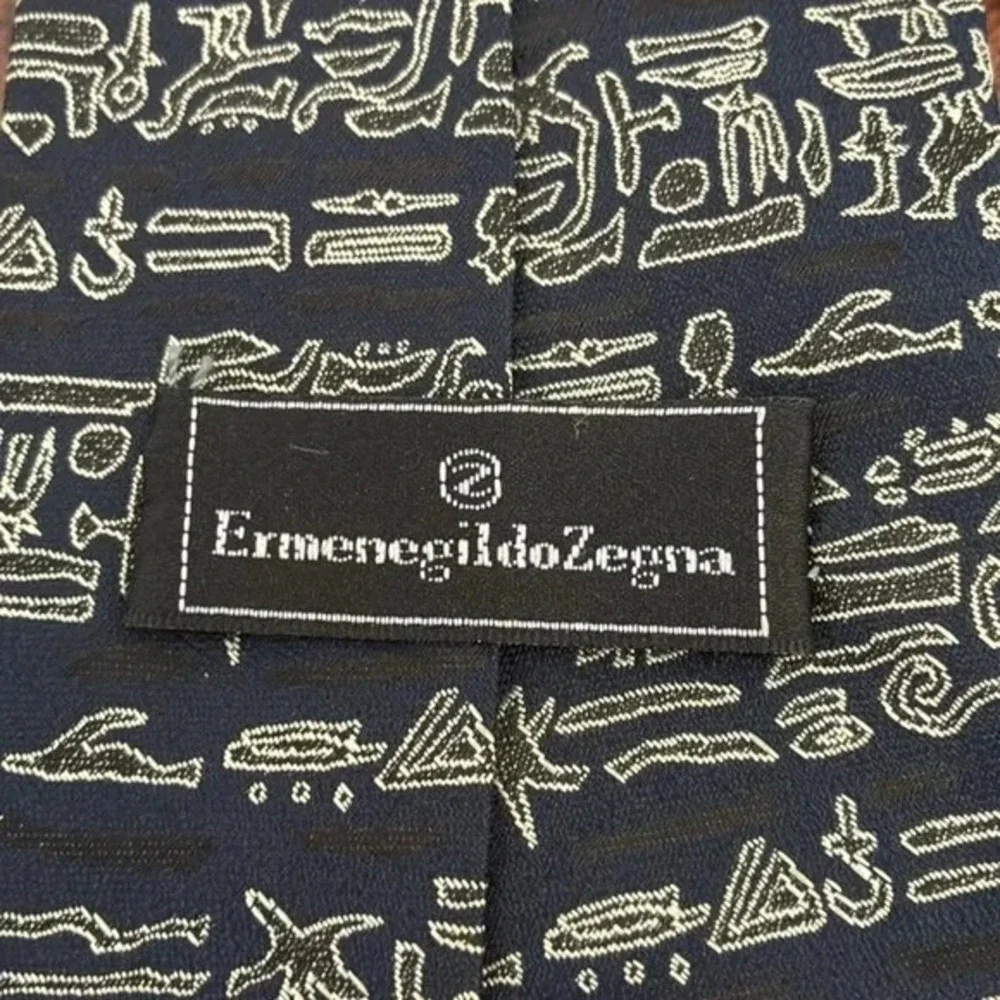 ERMENEGILDO ZEGMA Men Navy Black White Silk Hieroglyphics Necktie Made‎ in Italy